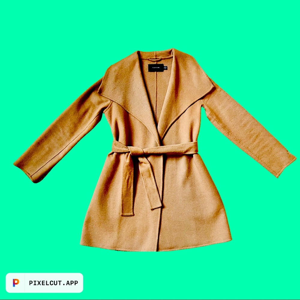 Tahari Wool Wrap Coat with Tie Belt in Camel, Size M
